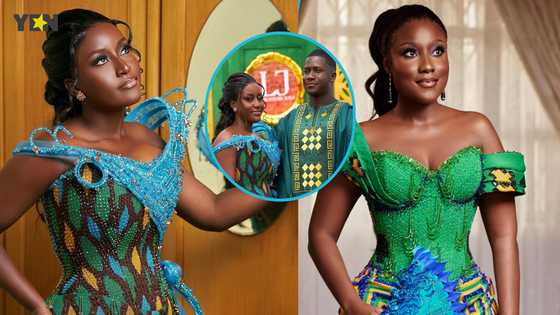 Ghanaian bride who resembles Anita Sefa Boakye rocks a similar beaded kente gown for her wedding