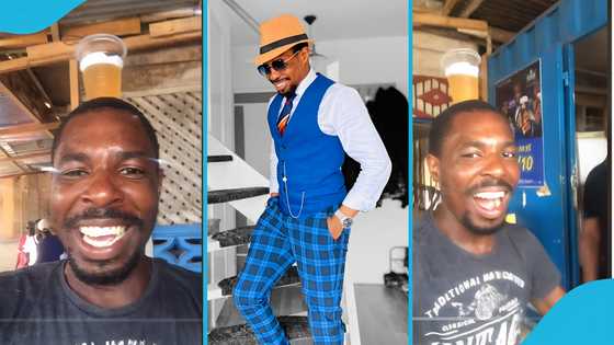 Mr Happiness dances with beer on his head at pub in Ghana, sings Shatta Wale song