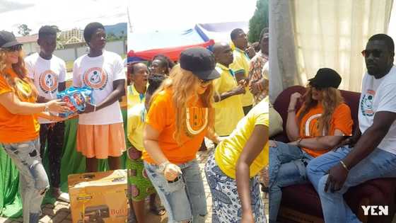 Nadia Buari dances borborbor with widows as she does charity with Dumelo, others in Ho (video)