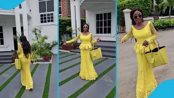 Evangelist Diana Asamoah rocks all-yellow outfit, spotted with palm fronds in her hair