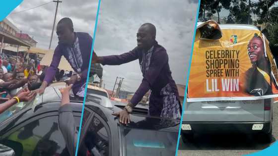 Lil Win sprays GH¢100 notes on fans as he storms Accra with Police and convoy of plush cars