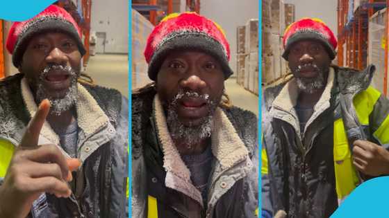Ghanaian man abroad gets covered in ice at warehouse factory, cries out in video