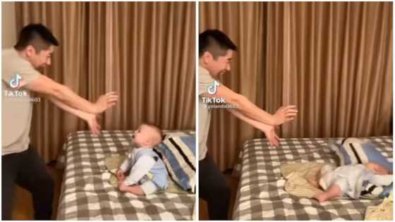 He understood the assignment: Baby falls on bed dramatically as he & dad 'fight' in funny video