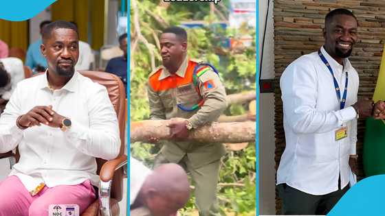 Former Ayensuano MP Teddy Addi Seen Carrying Huge Tree Stamps Off Road After Heavy Downpour