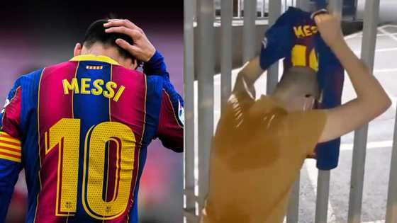 Tears as Barcelona fan parks outside Camp Nou, filmed crying while holding Lionel Messi jersey