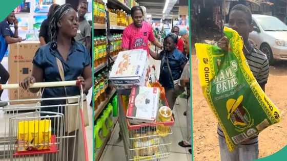 Smart woman carries bags of rice during free shopping spree in supermarket: "GH₵3k in 30 seconds"