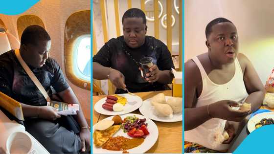 Oheneba Jude devours balls of banku after landing in Dubai, ditches English breakfast