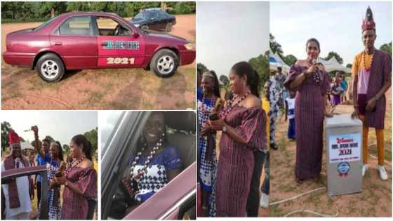 Reactions as beauty queen gifted used Toyota Camry after winning competition, male counterpart receives fridge