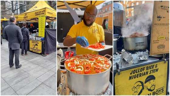 Nigerian man opens roadside 'chop bar' in London, Oyinbo people line up to buy Nigerian jollof rice