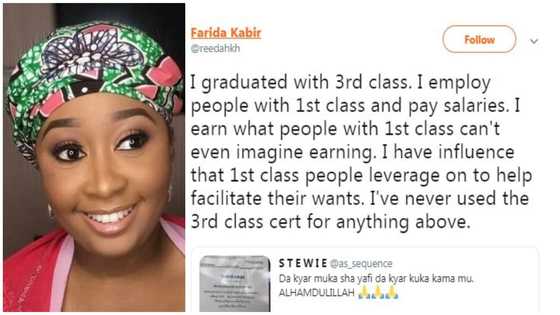 Lady who graduated with 3rd class admits she employs 1st class graduates and pays them