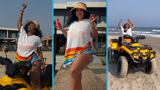 Aaron Adatsi's baby mama Eyram flaunts her beautiful looks and rides a quad bike on the beach, fans react
