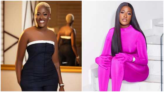 Fella Makafui brags about beauty as she stuns in tight purple dress from neck to toe: "I'm all that"