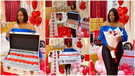 Cute: Man apologises to girlfriend in a room flooded with dollars and gifts, video causes stir online