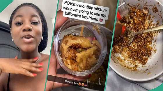 Jaws drop as lady displays the mixture she takes before going to see billionaire boyfriend monthly