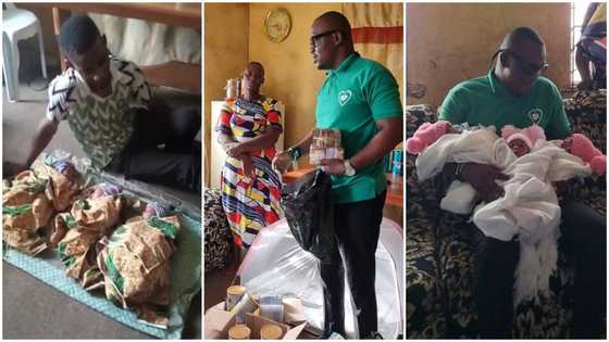 She died after delivery: Kind man visits motherless triplets, gives them over GH¢18k; emotional photos emerge