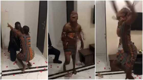 She don wait tire; Many react as lady goes into frenzy; takes off wig in video after her man proposed