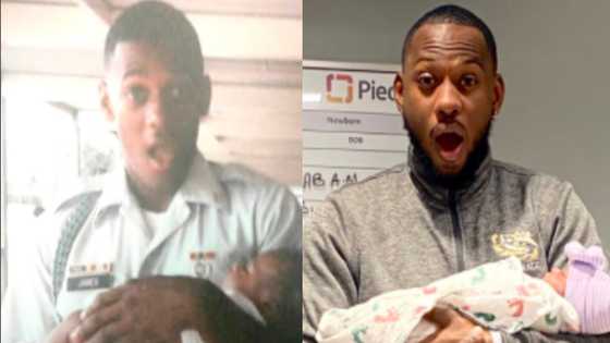 Good old days: Man recreates adorable childhood photo with dad with his 1st child, goes viral; many react