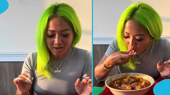 American woman struggles to eat Ghanaian fufu and light soup with long fingernails