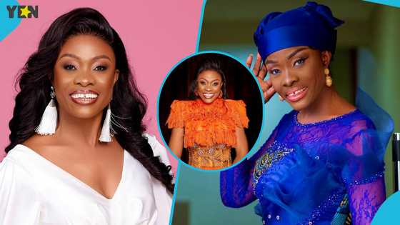 Diana Asamoah looks glamorous in an orange corseted ruffled gown and heavy makeup in viral photos