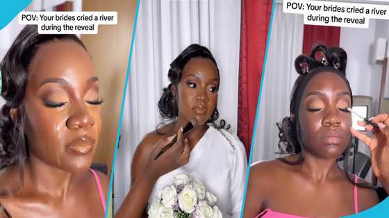 Pretty bride weeps after watching herself in the mirror, impressed by her makeup transformation; "Kudos to the makeup artist"