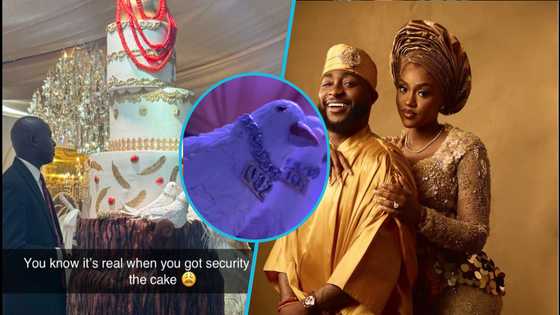 Davido trends as he hires security to guard his wedding cake designed with 2 doves rocking diamond necklaces