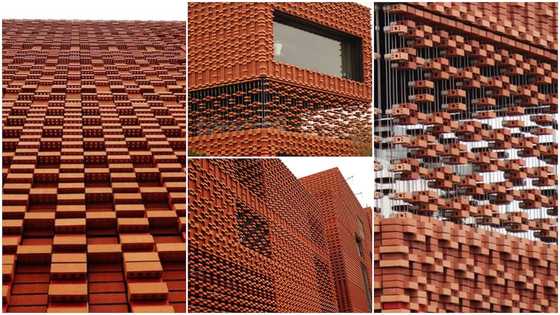 Building with hanging bricks that looks like Kente from afar constructed in China