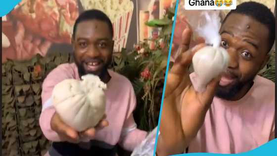 Ghanaian man takes homemade banku to restaurant as top up, his friends stare at him with astonishment in TikTok video