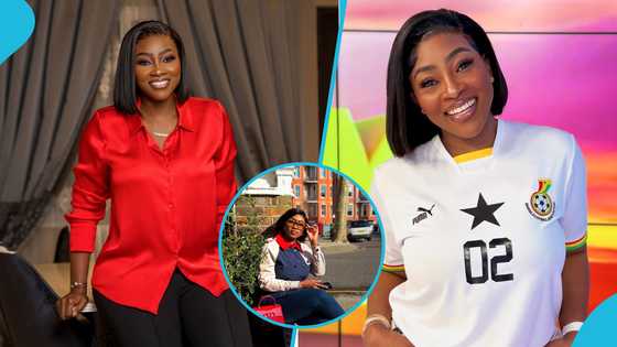 TV3 presenter Cookie Tee models in a classic outfit styled with a red GH¢35,000 Valentino bag in the UK