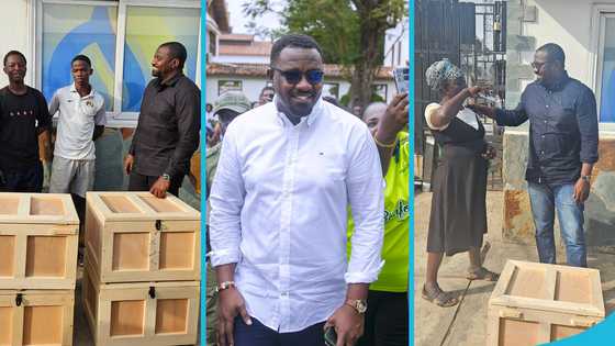 John Dumelo presents chop boxes to first year SHS students in Ayawaso West Wuogon, photos drop