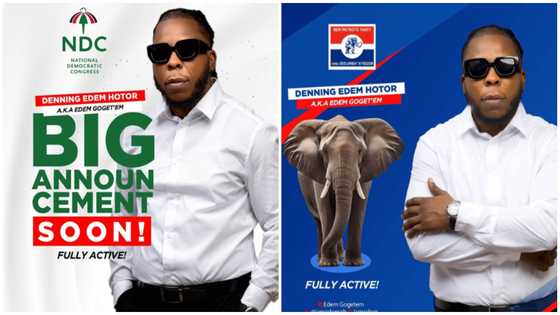 Rapper Ayigbe Edem confuses Ghanaians as he shares photos of himself on NPP And NDC fliers