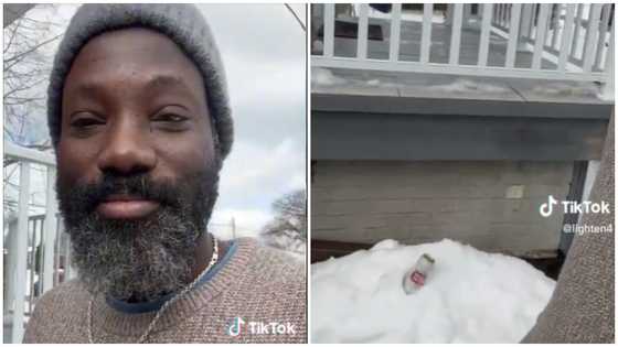 Ghanaian man living abroad causes stir as he depends on snow to chill food items: “I will never buy a fridge”