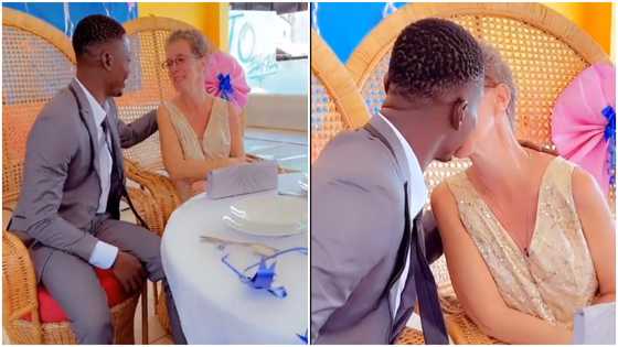 “Is this real love?”: Young Ghanaian man kisses his 'old' oyibo lover as they marry; video causes stir