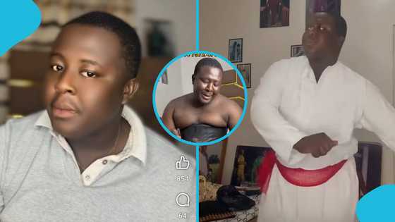 Oheneba Jude rocks corset as he consumes 2 big ball of Kenkey before gym