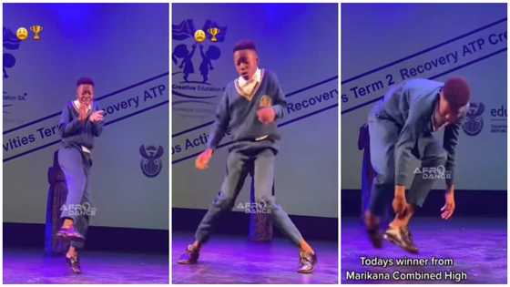 Schoolboy in long sleeves nails Amapiano dance on stage with sweet body moves in cute clip, leaves peeps in awe