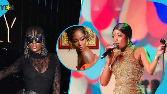 Ghanaian musican Efya looks graceful in orange corseted kente gown and flawless makeup