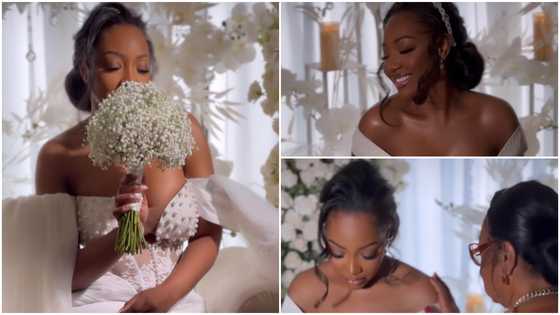 Ghanaian bride Sandra looks exquisite in a white basketweave wedding gown custom-made in Nigeria