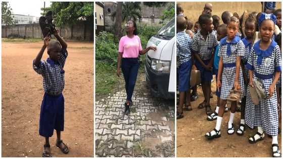 Young lady gifts shoes to needy 7-year-old boy who wears nylon-tied sandals to school