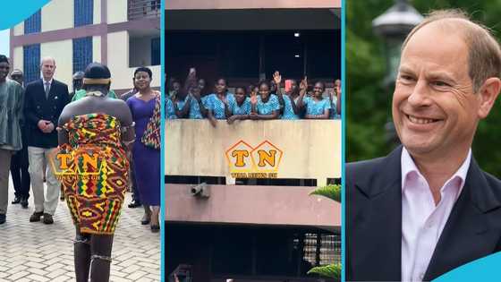 Students in Aburi celebrate Prince Edward's visit with waving and cultural display