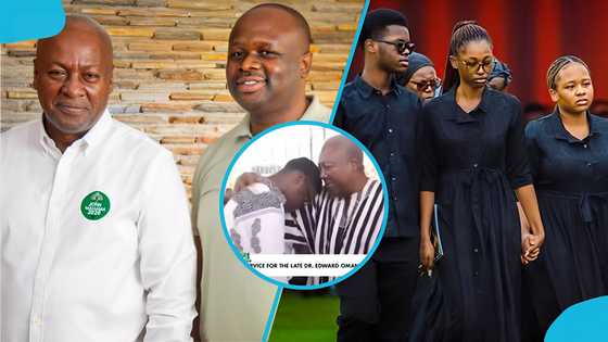 President Mahama shows love to Omane Boamah's kids during thanksgiving service, video