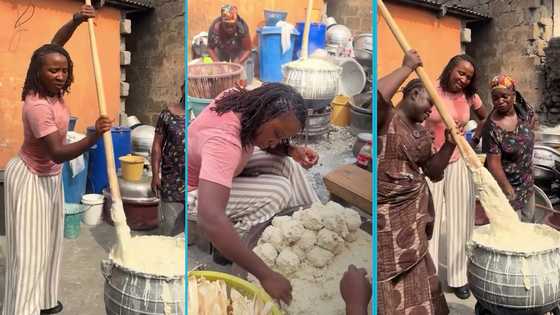 Naa Ashorkor struggles to stir Ga kenkey dough in large pot, prepares famous Ghanaian meal in video
