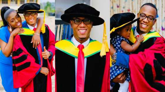 Joy as Ghanaian dad bags PhD from KNUST, shares adorable family photos with wife and daughter