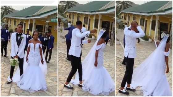 Ghana wedding: Groom amused after seeing how friends run during bouquet toss tradition: “Stop running from marriage”