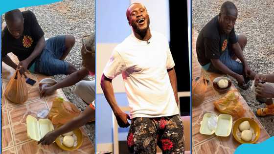 Ras Nene and Oboy Siki order fufu in plastic bag, sit on he floor to eat