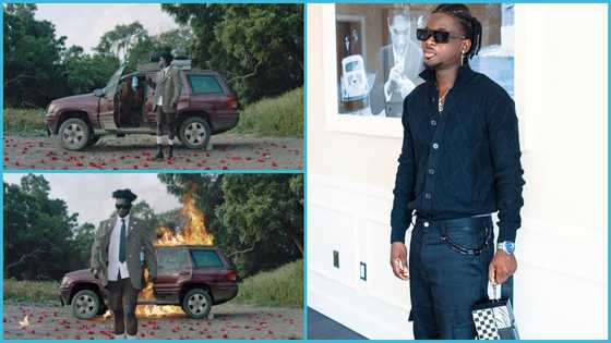 Kuami Eugene burns car & clothes as he returns to music after mourning dad & grandma, video causes stir