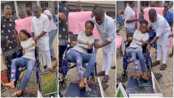 Amazing Disabled Lady Wows Many As She Paints Potraits With Her Feet; Netizens Praise Her