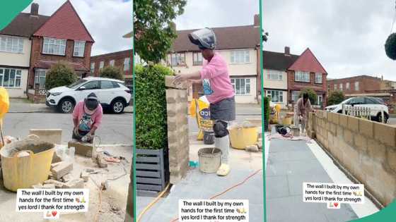 Oyinbos react as woman abroad builds wall for her house, mixes cement in video