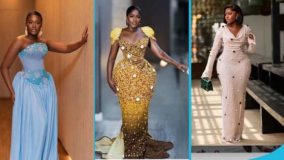 Fella Makafui looks exquisite in a breathtaking kente gown designed with cowries for her birthday shoot