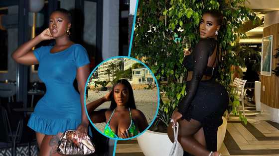 Hajia Bintu flaunts her fine legs and bare skin in a two piece swimsuit at a luxury beach in South Africa