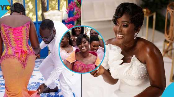 Ghanaian bride defines style with her perfect waistline corseted kente gown and short pixie cut hairstyle