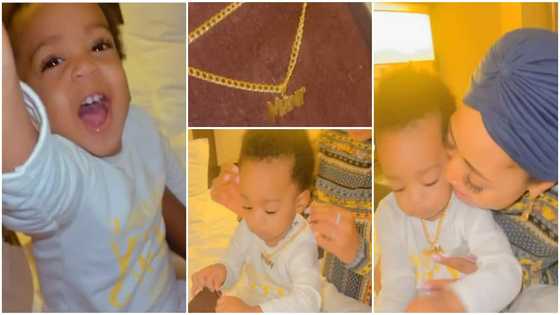 Regina Daniels travels to Turkey; buys customised gold necklace for her son; his reaction in video warms heart
